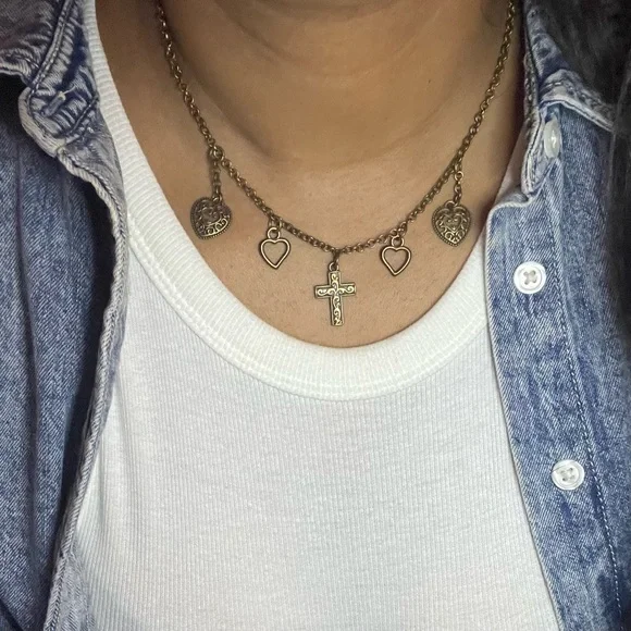 Antique Bronze Heart Cross Charm Necklace - Picture 3 of 3